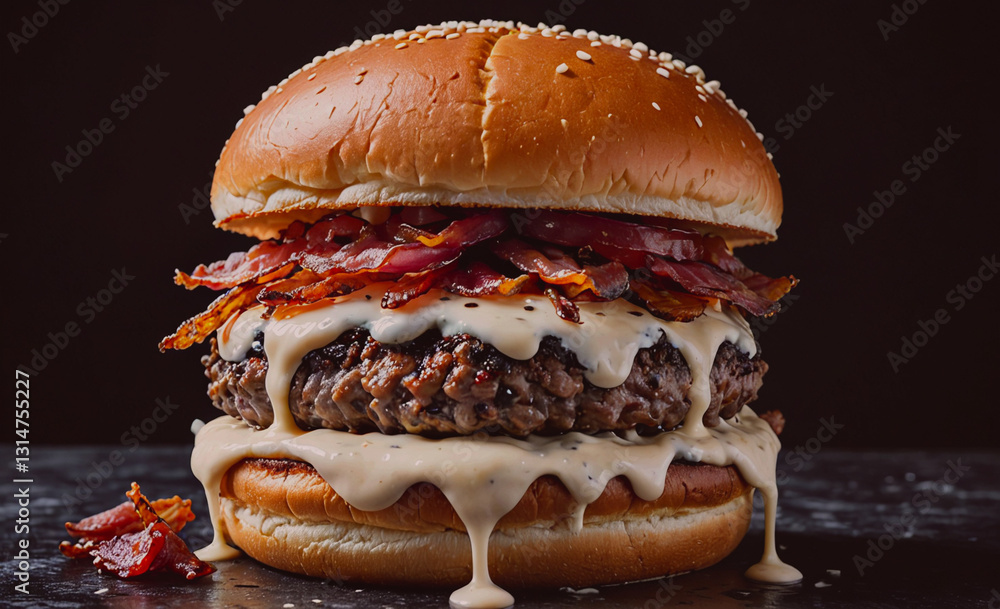 Poster large burger with bacon and cheese on top. the burger is covered in a creamy sauce. the burger is si