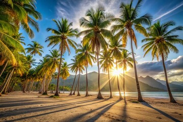 Surreal Sunny Beach Paradise: Palm Trees, Mountains, Clear Sky Wide Angle Stock Photo