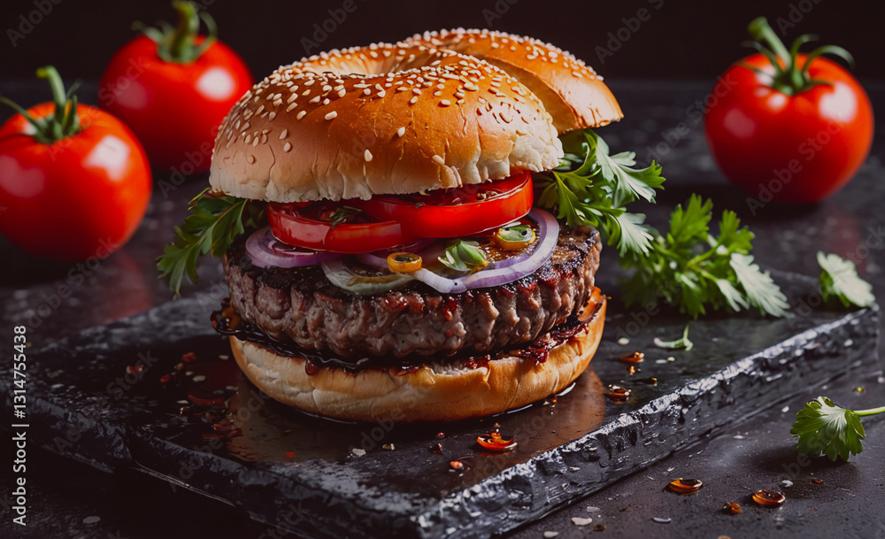 Poster Hamburger with a bun and a tomato on top. The bun is brown and has sesame seeds on it. The hamburger is placed on a black table with a few tomatoes and some herbs