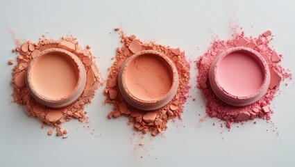 Face powder. Swatches of foundation for face. Cosmetic application. Makeup crushed powder. Isolated against a white background.