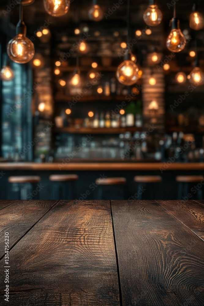 Poster rustic wooden table surface with blurred bar background and warm light bulbs creating an inviting at