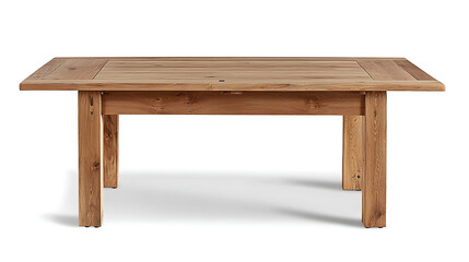 A wooden table with a long top and a wooden base