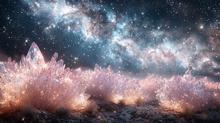 Obraz premium Crystal formations under starry sky; cosmic landscape; photo for design