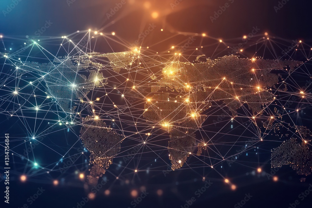 Poster futuristic network designs and global connections displayed on a dynamic digital background.