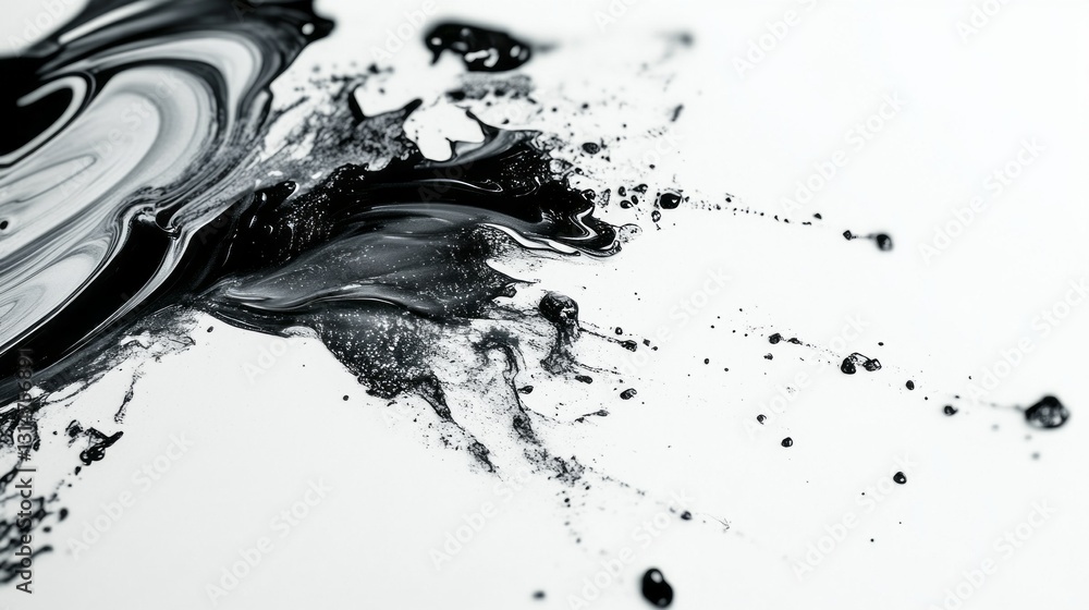 Poster Bold strokes of black paint dance across a pristine white backdrop, splattering and swirling to form an abstract expression of creativity. This artistic exploration captivates the viewer