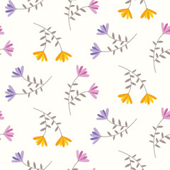 Seamless pattern of hand drawn wild doodle flowers on isolated background. Design for mother&rsquo;s day, springtime and summertime celebration, scrapbooking, wedding invitation, textile, home decor.