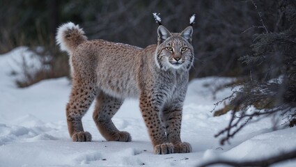 Fototapeta premium Lynx stretching and gazing at the camera as it emerges from its snowy resting spot.