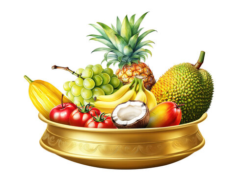 Kerala festival Vishu Vishukkani, with fruits and vegetables on transparent background