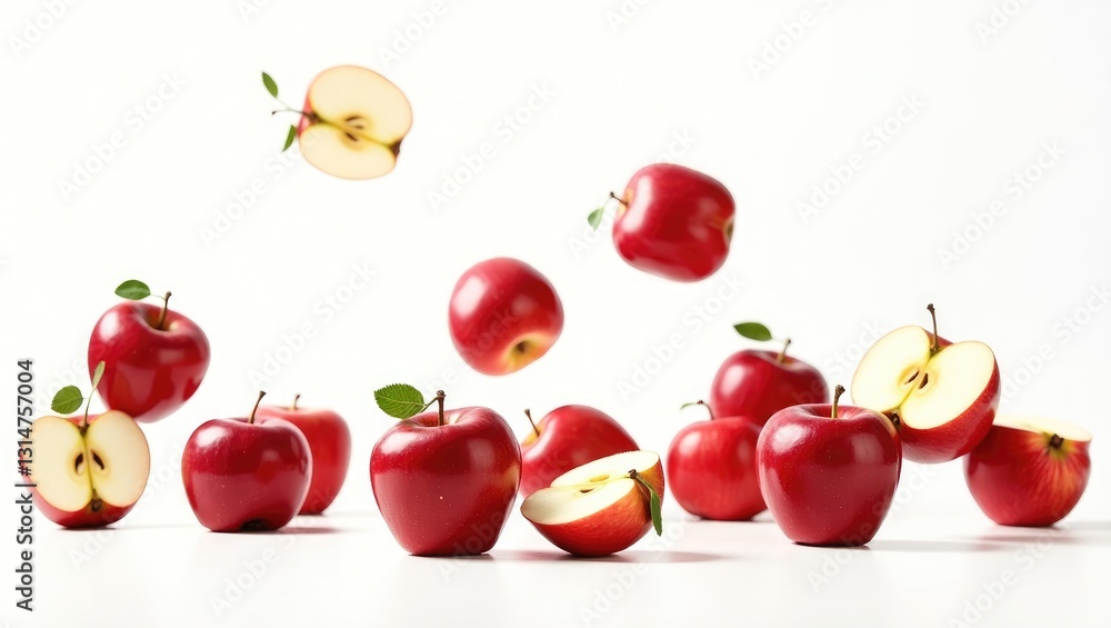 Poster Falling red juicy apple on a background, isolated with clipping path, complete depth of field.
