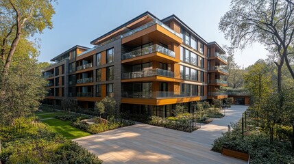 Fototapeta premium Modern apartment building, sunny day, landscaped courtyard, trees in background