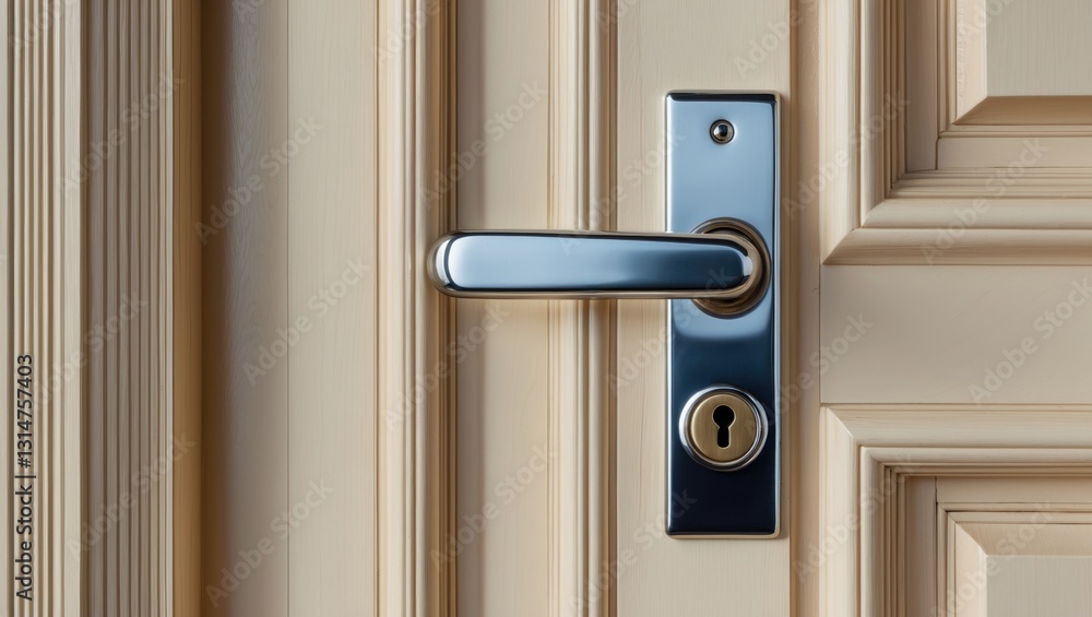 Poster chrome handle featuring a keyhole on a door with framed panels. entrance. close-up image of architec