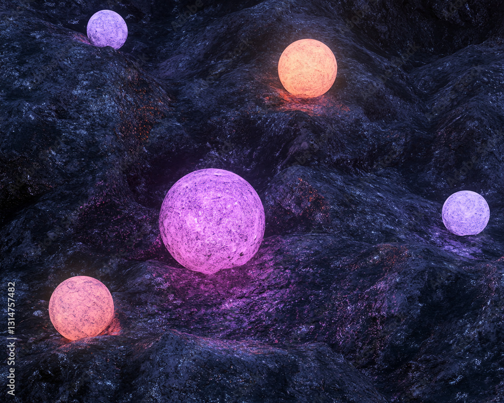Aufkleber glowing spheres rest on a dark, textured surface, creating a mystical and ethereal scene. the image 