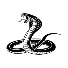 Cobra in Defensive Posture: A majestic king cobra, rendered in stark black and white, raises its hood in a defensive posture, its forked tongue flicking, showcasing its power and grace. 
