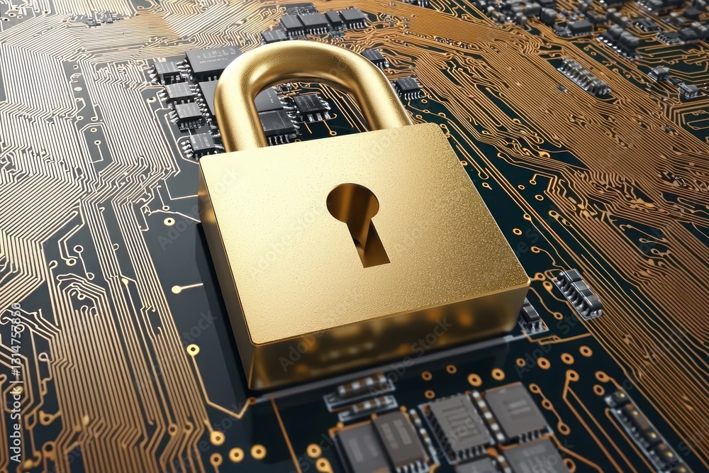 Poster cybersecurity practices symbolized by a golden padlock on an electronic circuit board.