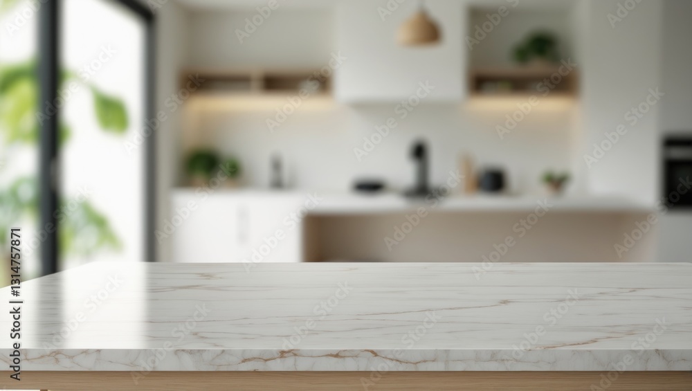Poster marble top table with a blurred interior background for product display montage.