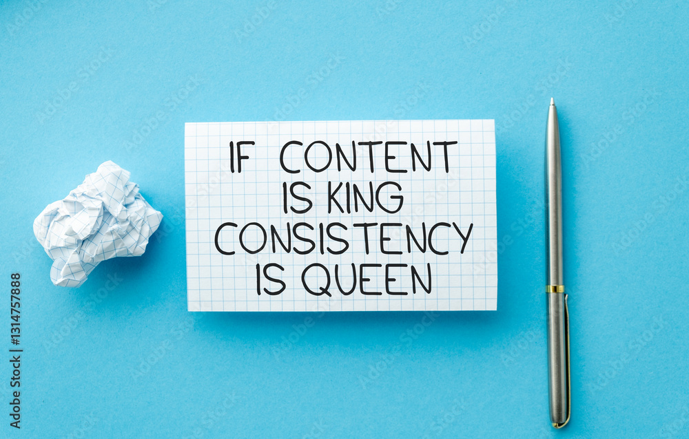 Poster a piece of paper with the words if content is king, consistency is queen written on it