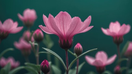Fototapeta premium Macro image of a pink flower set against a green backdrop. Image of a flower blossoming in a garden with pink petals.