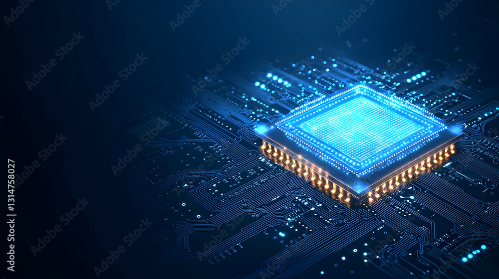 Poster a futuristic blue circuit board with a glowing microchip and data flow