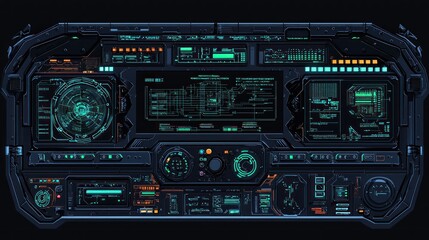 Futuristic spaceship cockpit interface with detailed displays