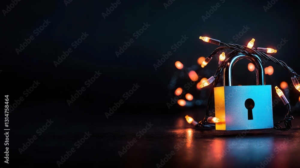 Poster silver padlock surrounded by warm string lights against dark background