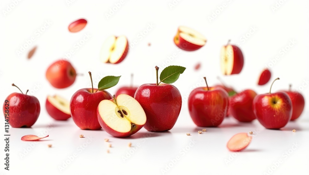 Poster falling red juicy apple isolated on a background, clipping path, with full depth of field.