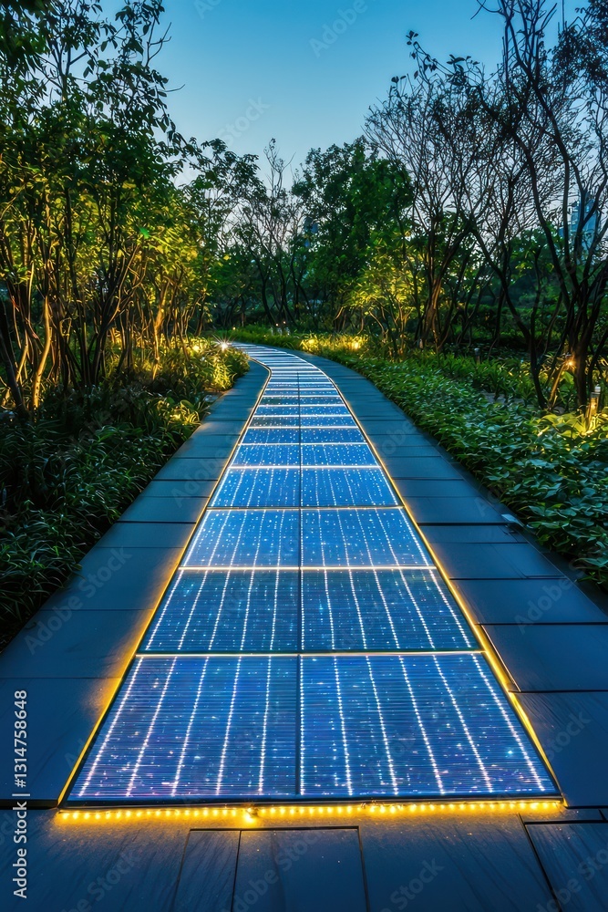 Poster illuminated pathway visualizing advancements and innovations in renewable energy.