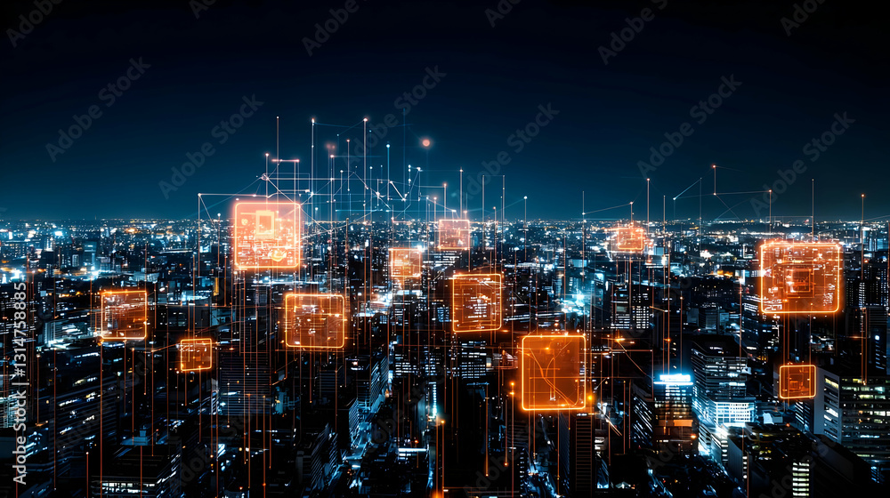 Poster panoramic view of illuminated smart city at night with digital data grid and futuristic technology