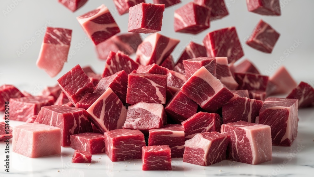 Poster falling beef cubes, isolated on background, clipping path, with full depth of field.