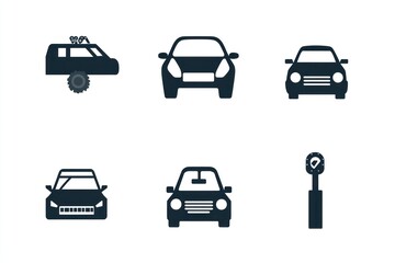 Car icons SUV, sedan, front, rear views; traffic light; website design