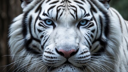 Face of a white tiger, set against a plain background. Mask of the largest cat. Wild beauty of the most formidable and powerful beast.