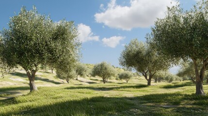 Sunny olive grove landscape with rolling hills