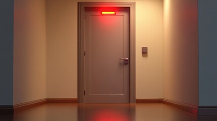Urgent alert from a partially open door with a flashing red alarm light in a dimly lit hallway