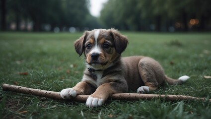 Five-month-old puppy rests on the grass in the park while holding a stick in its paws and gazing away.