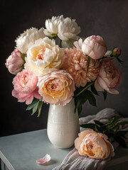 Luxurious bouquet of peonies in a vase on a table with soft gray backdrop