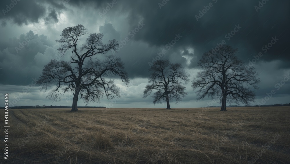 Poster lonely trees in a windy field with stormy clouds in the background - grain has been intentionally ad
