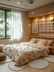 there is a bed with a white comforter and a brown blanket