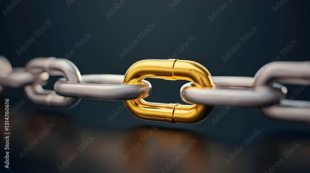 Aufkleber a golden link joins silver chains in a dark abstract depiction of network connection and security st
