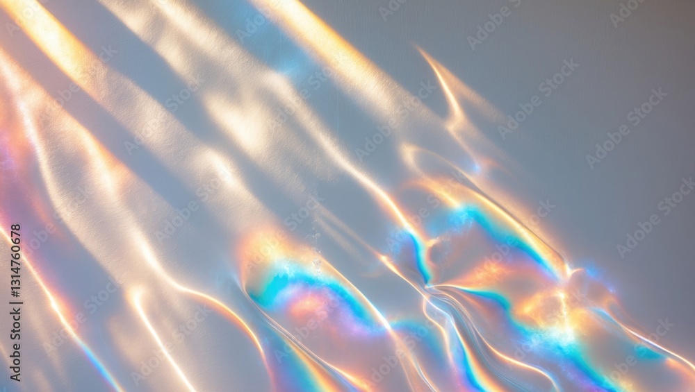 Poster Water texture overlay effect for photos and mockups. Organic drop diagonal shadow caustic effect featuring rainbow refraction of light on a surface.