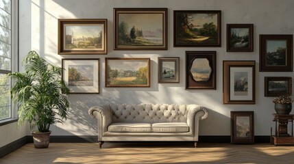 Fototapeta premium Sunlit Living Room with Antique Paintings and Elegant Sofa