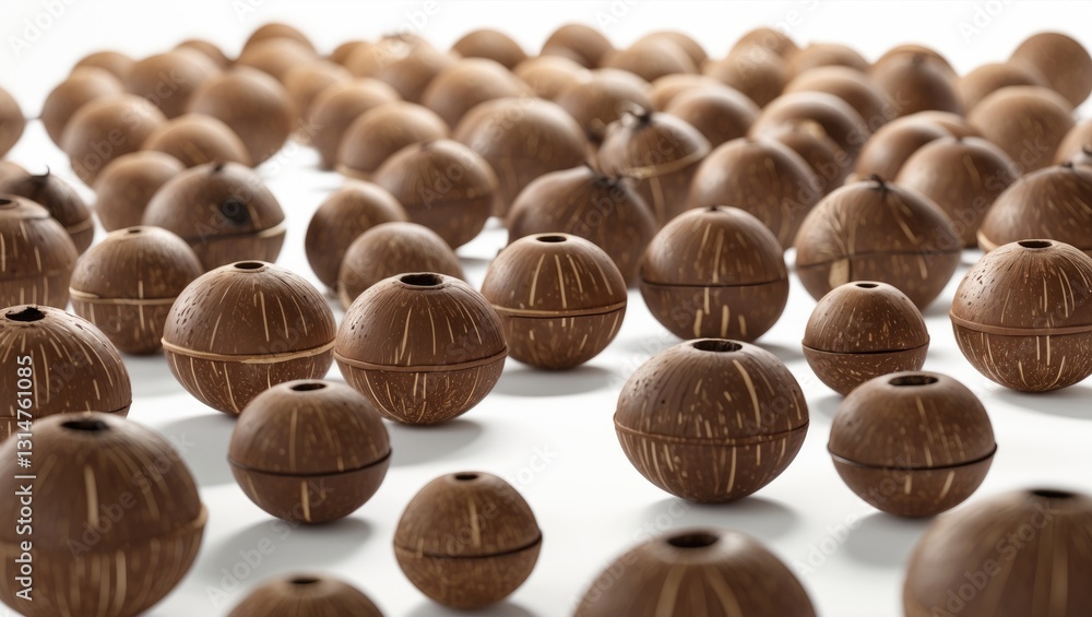 Poster Falling coconuts whole, set against a white background, with a clipping path and full depth of field.