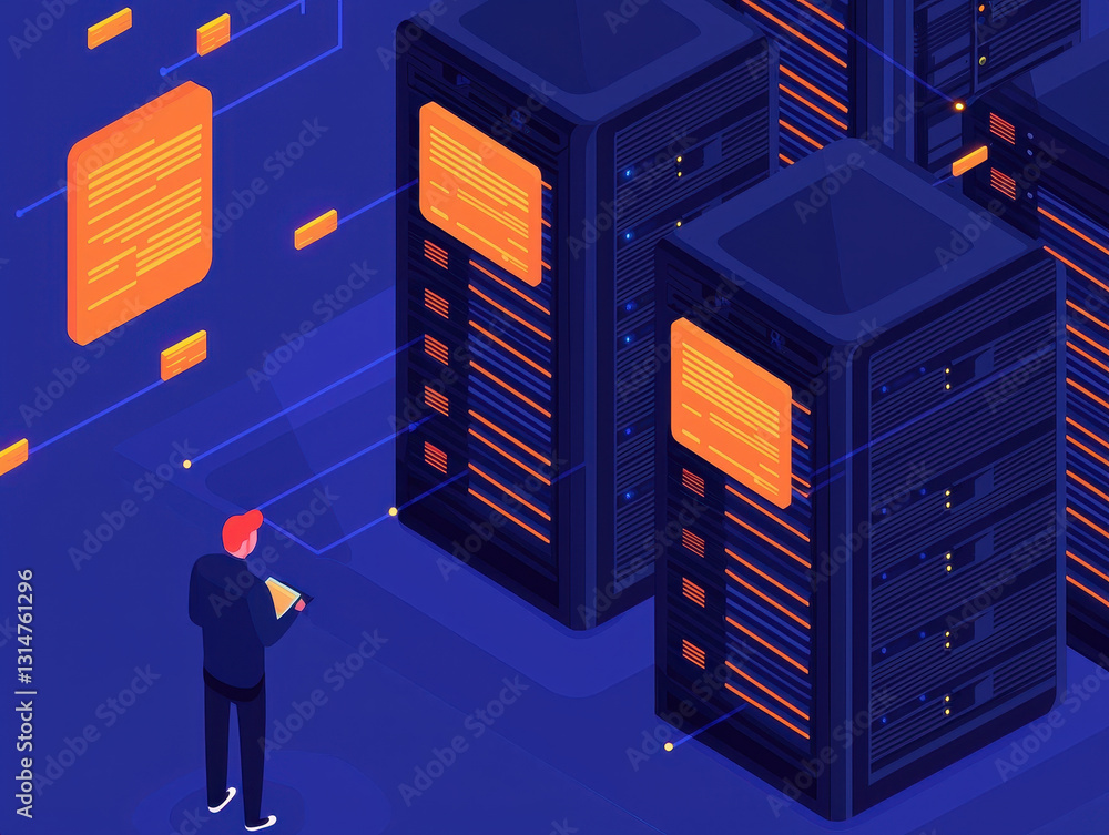 Poster technician analyzes data on tablet surrounded by glowing servers in data center