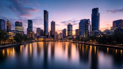 Naklejka premium urban skyline at dusk with illuminated skyscrapers and river reflection