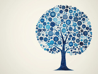 digital tree composed of blue binary code circles on light background