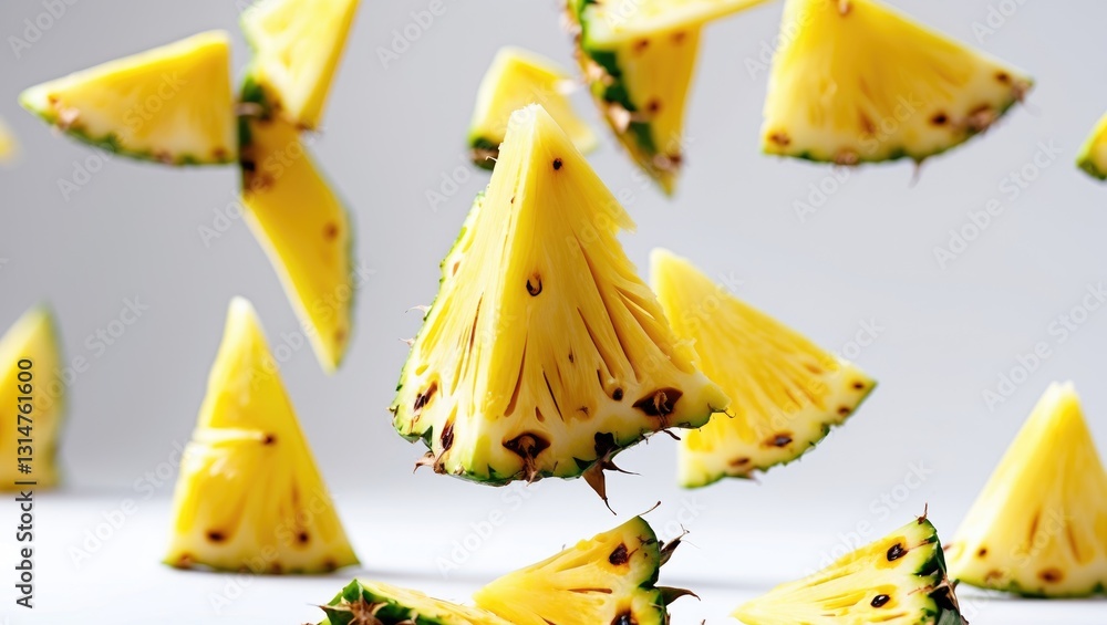 Poster falling pineapple slice isolated on a white background, clipping path, complete depth of field.