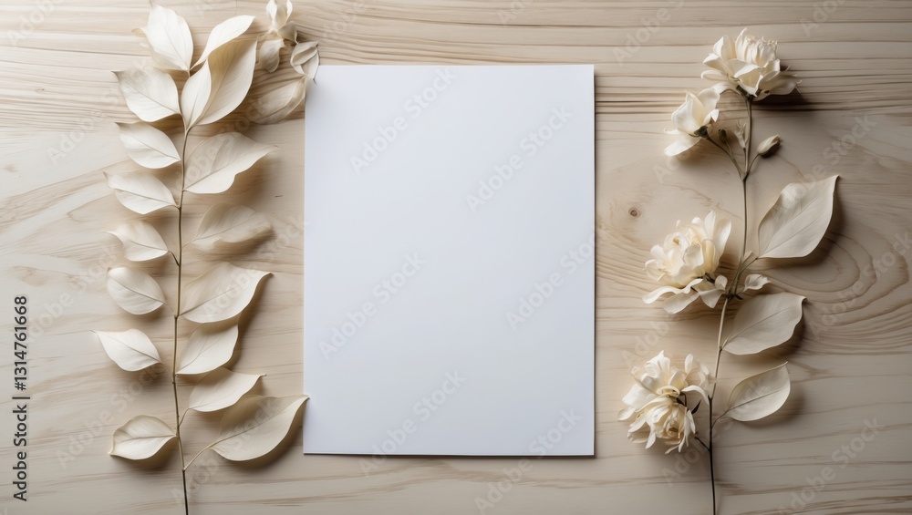Poster Flat lay of an empty sheet of paper and flowers arranged on a wooden table. Mockup for design.