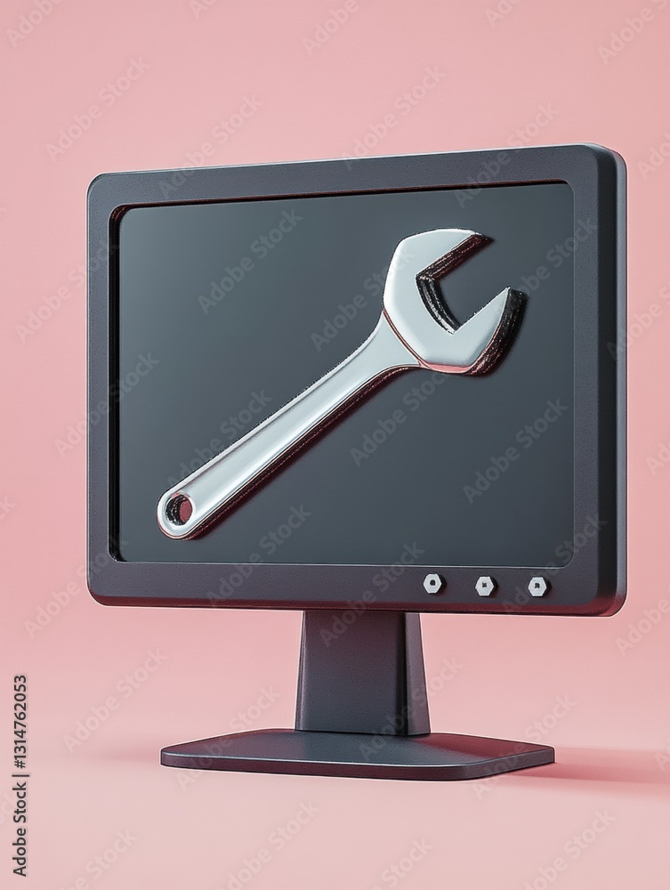 Poster computer repair monitor icon with wrench and nut overlay designed for efficient tech service and sup