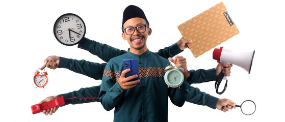 Asian Muslim man multitasking with multiple arms holding various items, symbolizing efficiency, productivity, and time management during Ramadan. Isolated on a white background