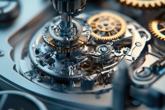 Intricate clockwork mechanism, showcasing precision engineering and complex gear interactions.