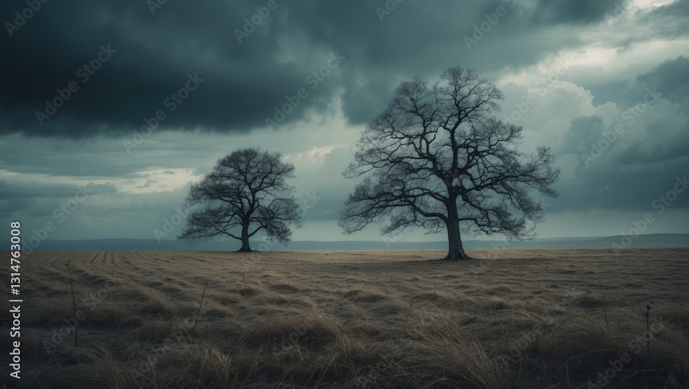 Poster lonely trees in a windy field with stormy clouds in the background - grain has been intentionally ad