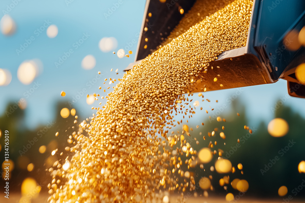 Poster grains are unloaded from a combine, creating a luminous golden stream that flows into a waiting truc